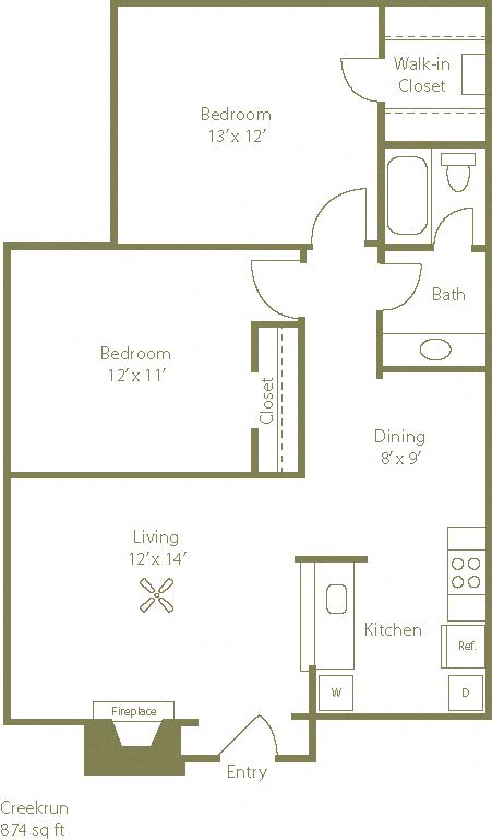 Floor plan for 2 beds, 1 bath, 874 sqft