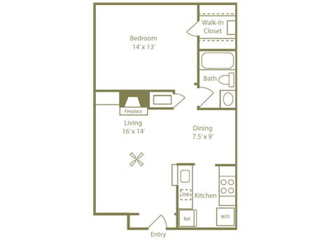 Floor plan for 1 bed, 1 bath, 640 sqft