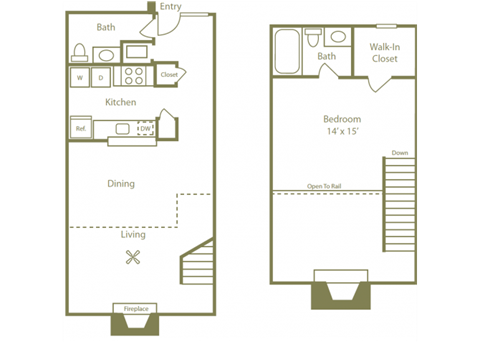 Floor plan for 1 bed, 1.5 baths, 843 sqft