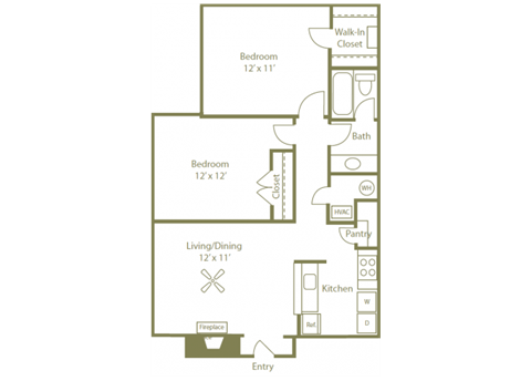 Floor plan for 2 beds, 1 bath, 826 sqft