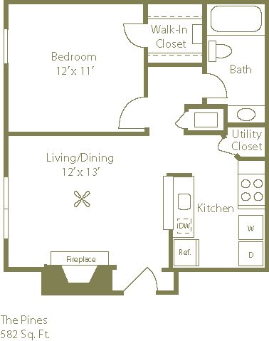 Floor plan for 1 bed, 1 bath, 582 sqft