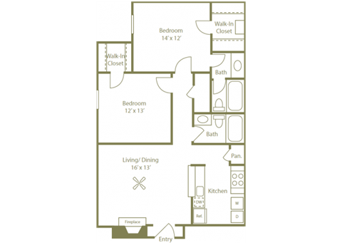 Floor plan for 2 beds, 2 baths, 940 sqft