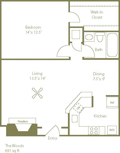 Floor plan for 1 bed, 1 bath, 691 sqft