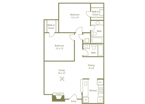 Floor plan for 2 beds, 2 baths, 987 sqft