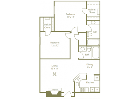Floor plan for 2 beds, 2 baths, 972 sqft