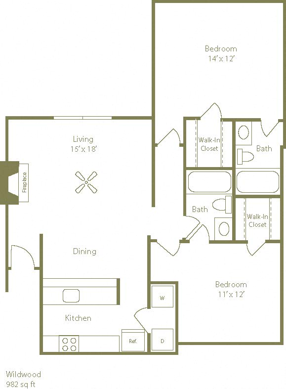 Floor plan for 2 beds, 2 baths, 982 sqft