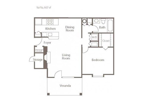 Floor plan for 1 bed, 1 bath, 807 sqft