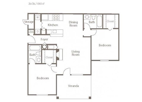 Floor plan for 2 beds, 2 baths, 1060 sqft