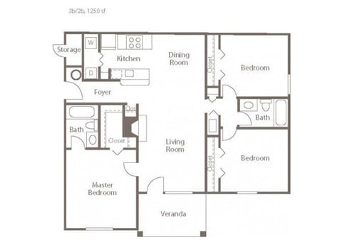 Floor plan for 3 beds, 2 baths, 1250 sqft