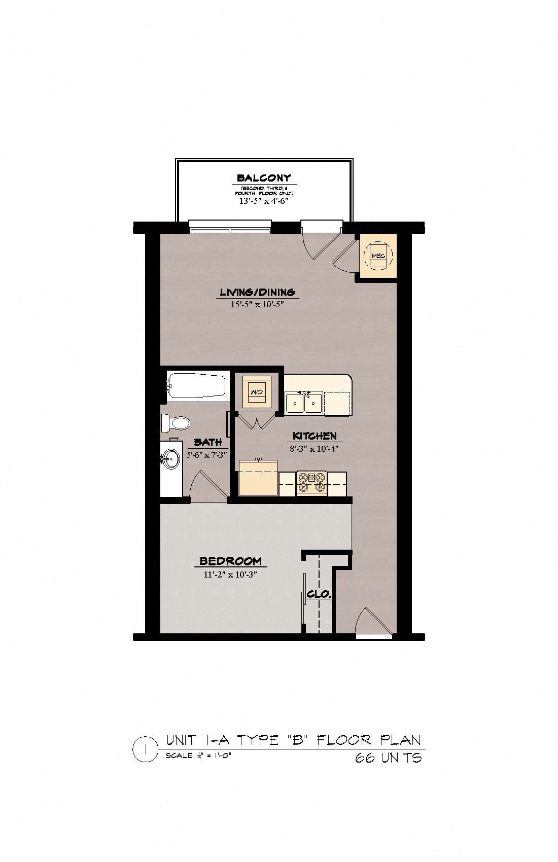 Floor plan for 1 bed, 1 bath, 640 sqft