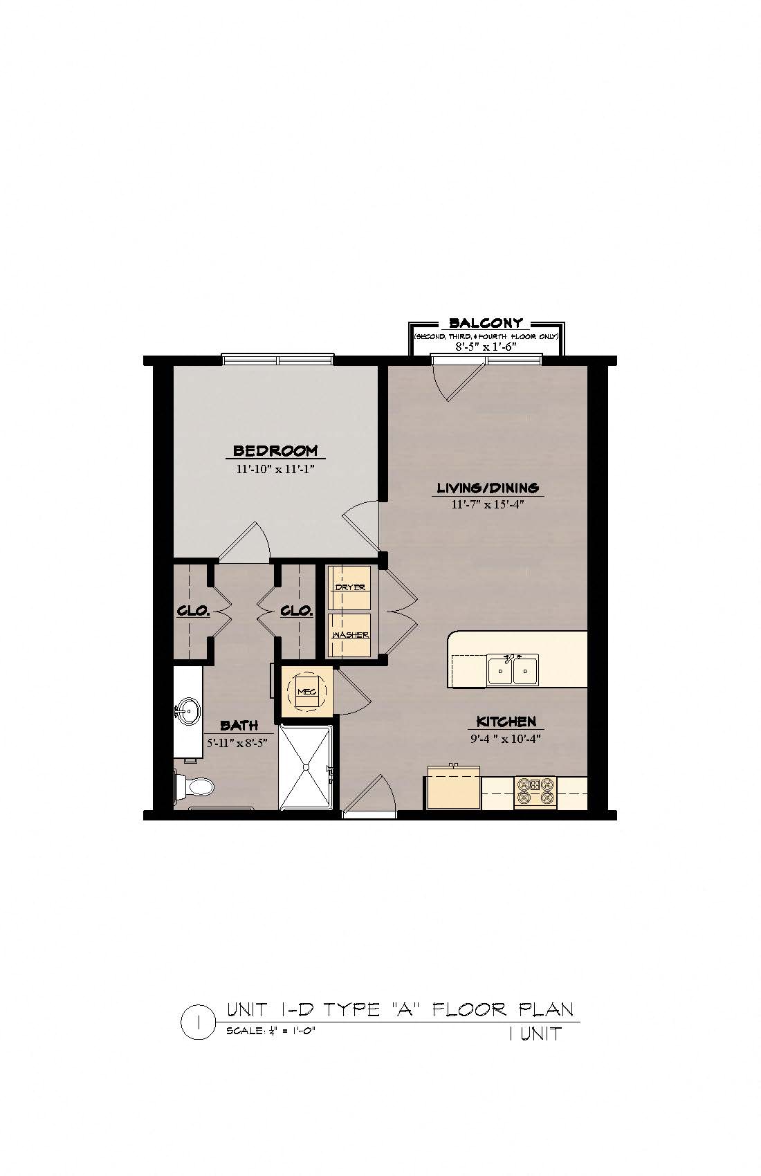 Floor plan for 1 bed, 1 bath, 669 sqft