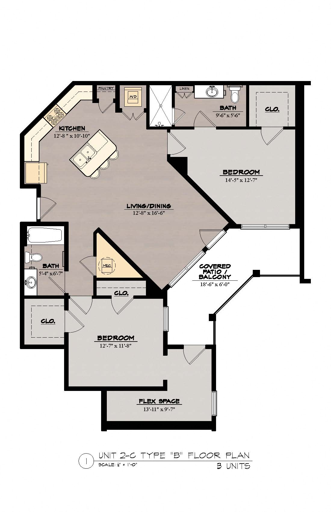 Floor plan for 2 beds, 2 baths, 1215 sqft