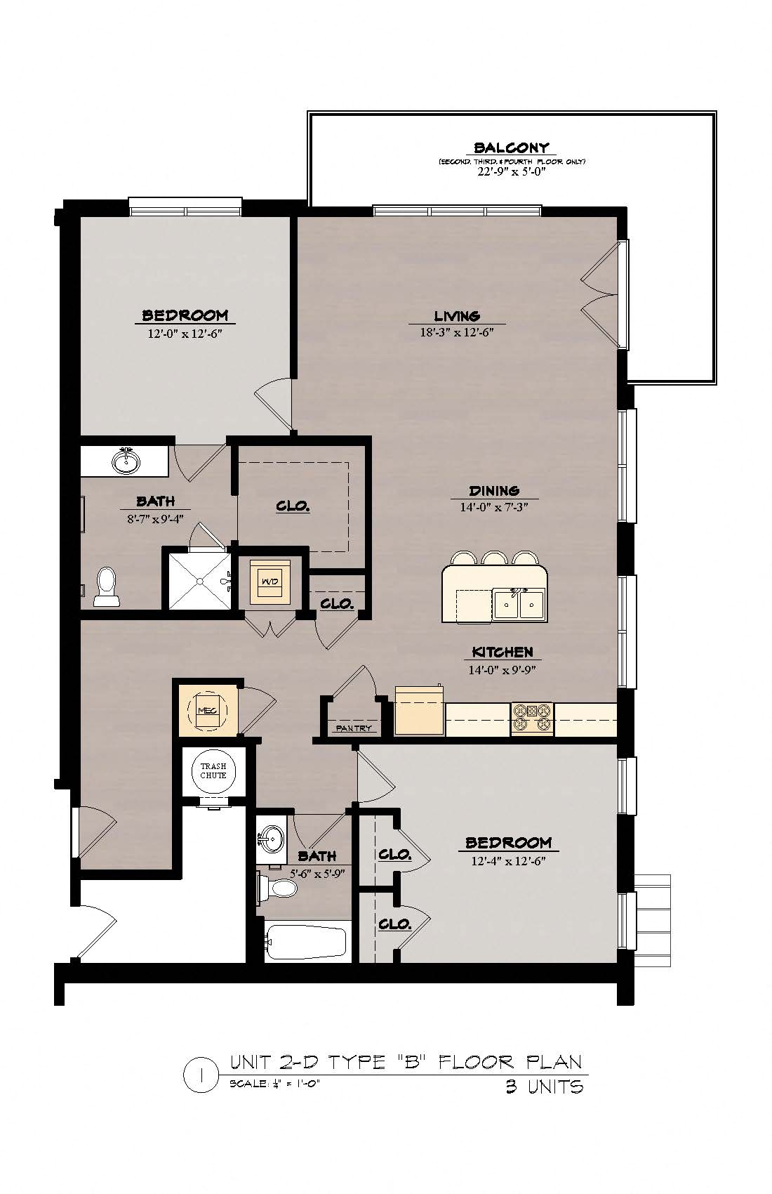 Floor plan for 2 beds, 2 baths, 1293 sqft