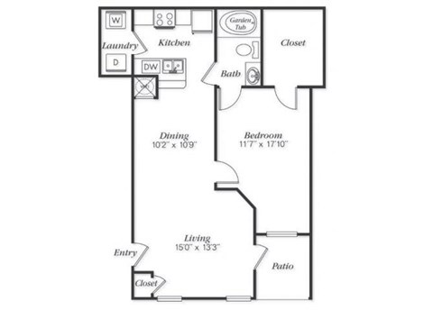 Floor plan for 1 bed, 1 bath, 822 sqft