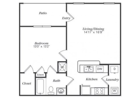 Floor plan for 1 bed, 1 bath, 809 sqft