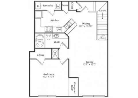 Floor plan for 1 bed, 1 bath, 1025 sqft