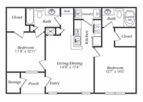 Floor plan for 2 beds, 2 baths, 1104 sqft