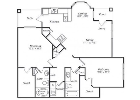 Floor plan for 2 beds, 2 baths, 1323 sqft