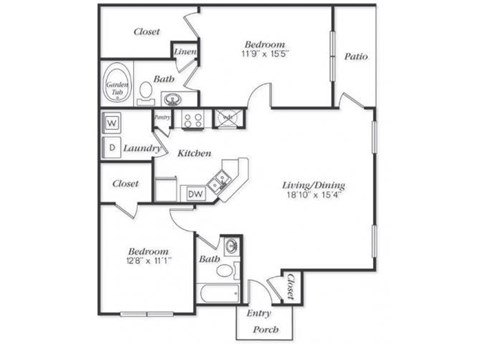 Floor plan for 2 beds, 2 baths, 1145 sqft