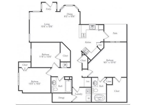 Floor plan for 3 beds, 2 baths, 1447 sqft