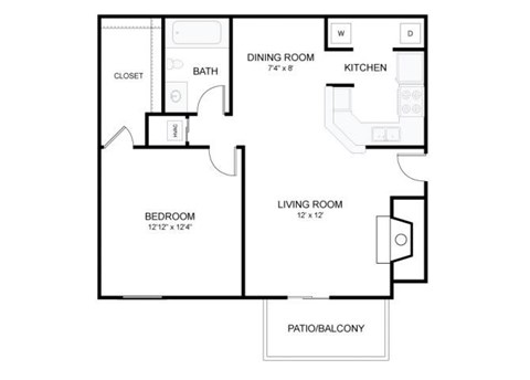 Floor plan for 1 bed, 1 bath, 611 sqft