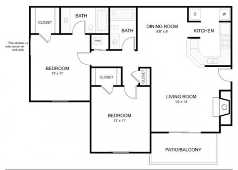 Floor plan for 2 beds, 2 baths, 1002 sqft