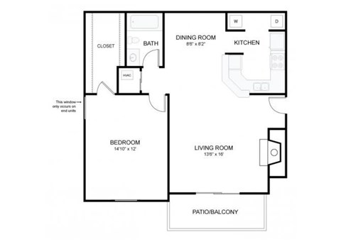 Floor plan for 1 bed, 1 bath, 744 sqft
