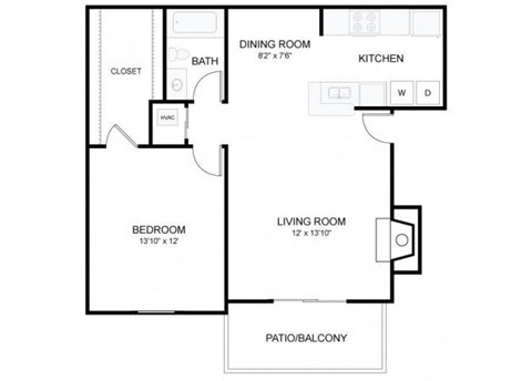 Floor plan for 1 bed, 1 bath, 705 sqft