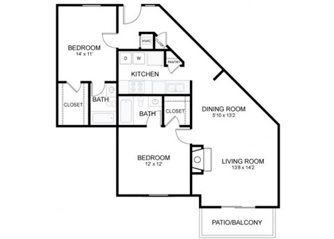 Floor plan for 2 beds, 2 baths, 992 sqft