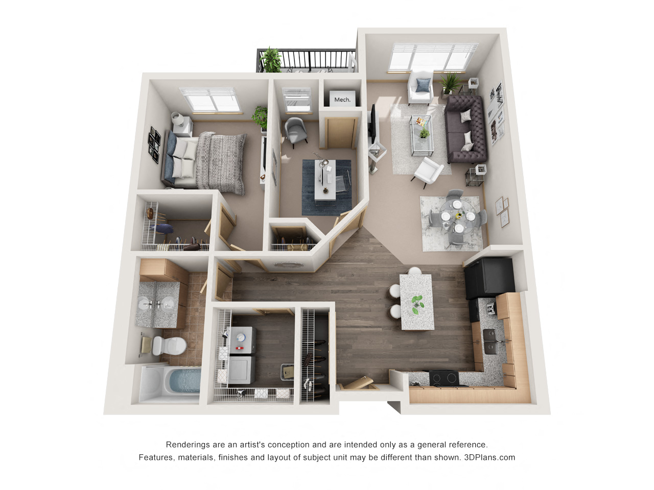Floor plan for 1 bed, 1 bath, 876 sqft