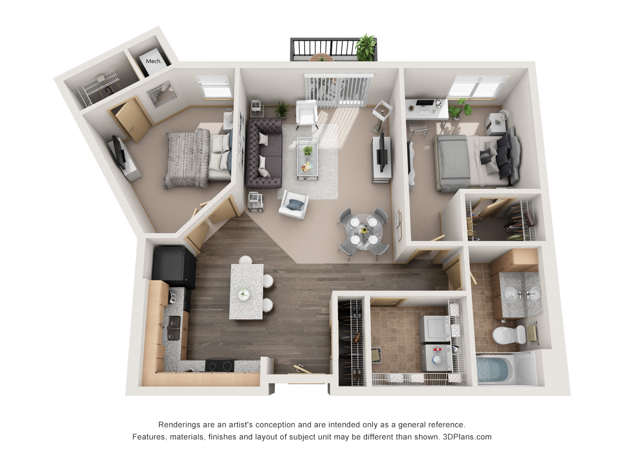 Floor plan for 1 bed, 1 bath, 937 sqft