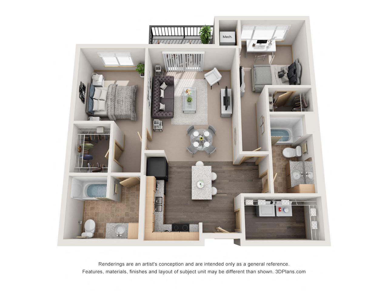 Floor plan for 2 beds, 2 baths, 933 sqft