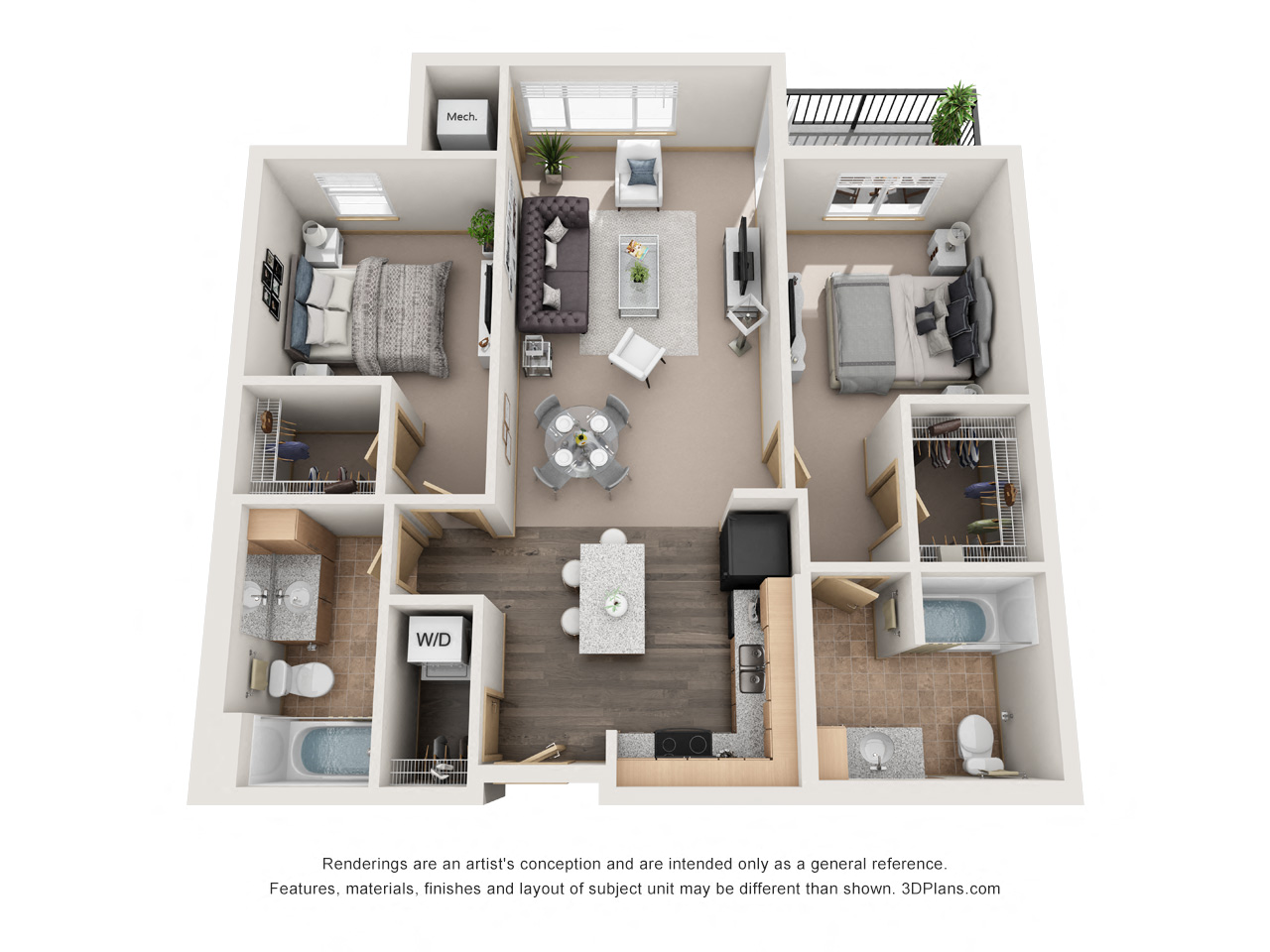 Floor plan for 2 beds, 2 baths, 950 sqft