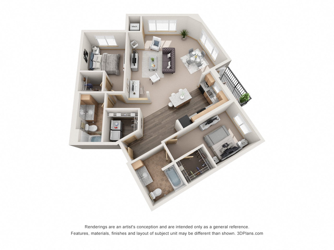 Floor plan for 2 beds, 2 baths, 1189 sqft