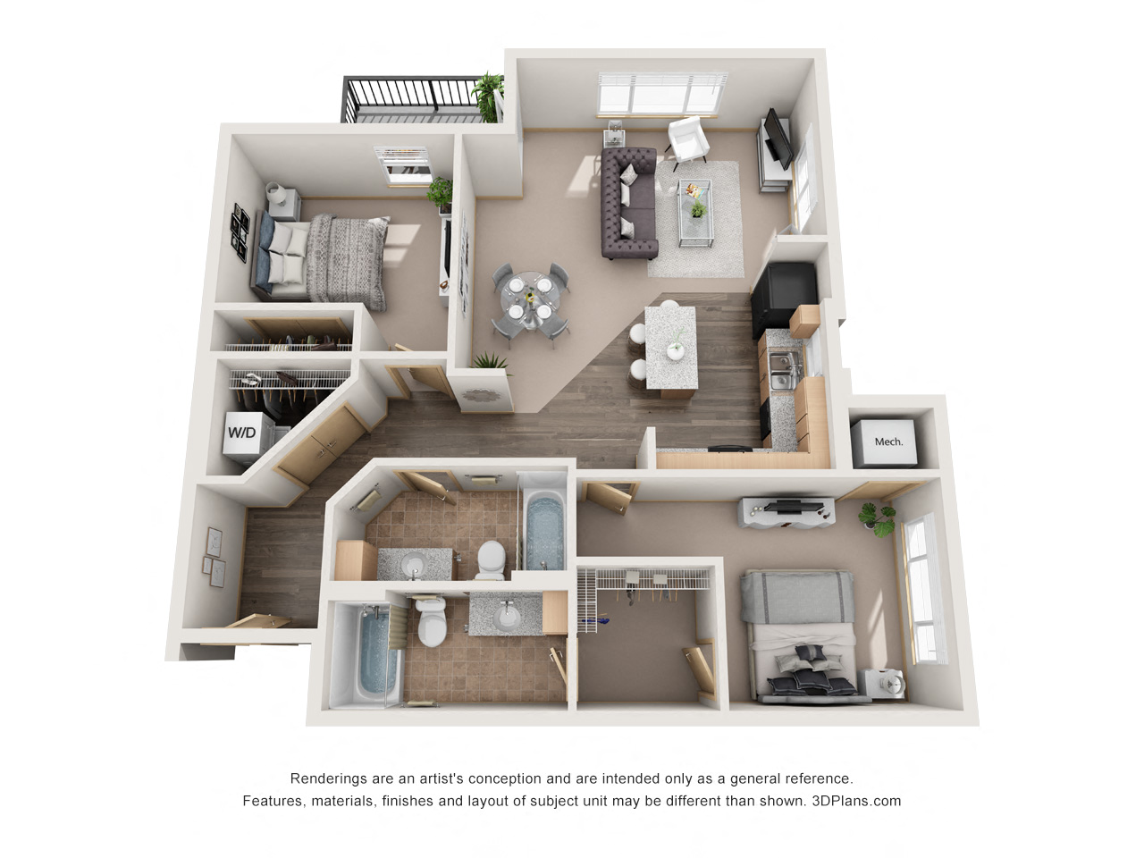 Floor plan for 2 beds, 2 baths, 1063 sqft