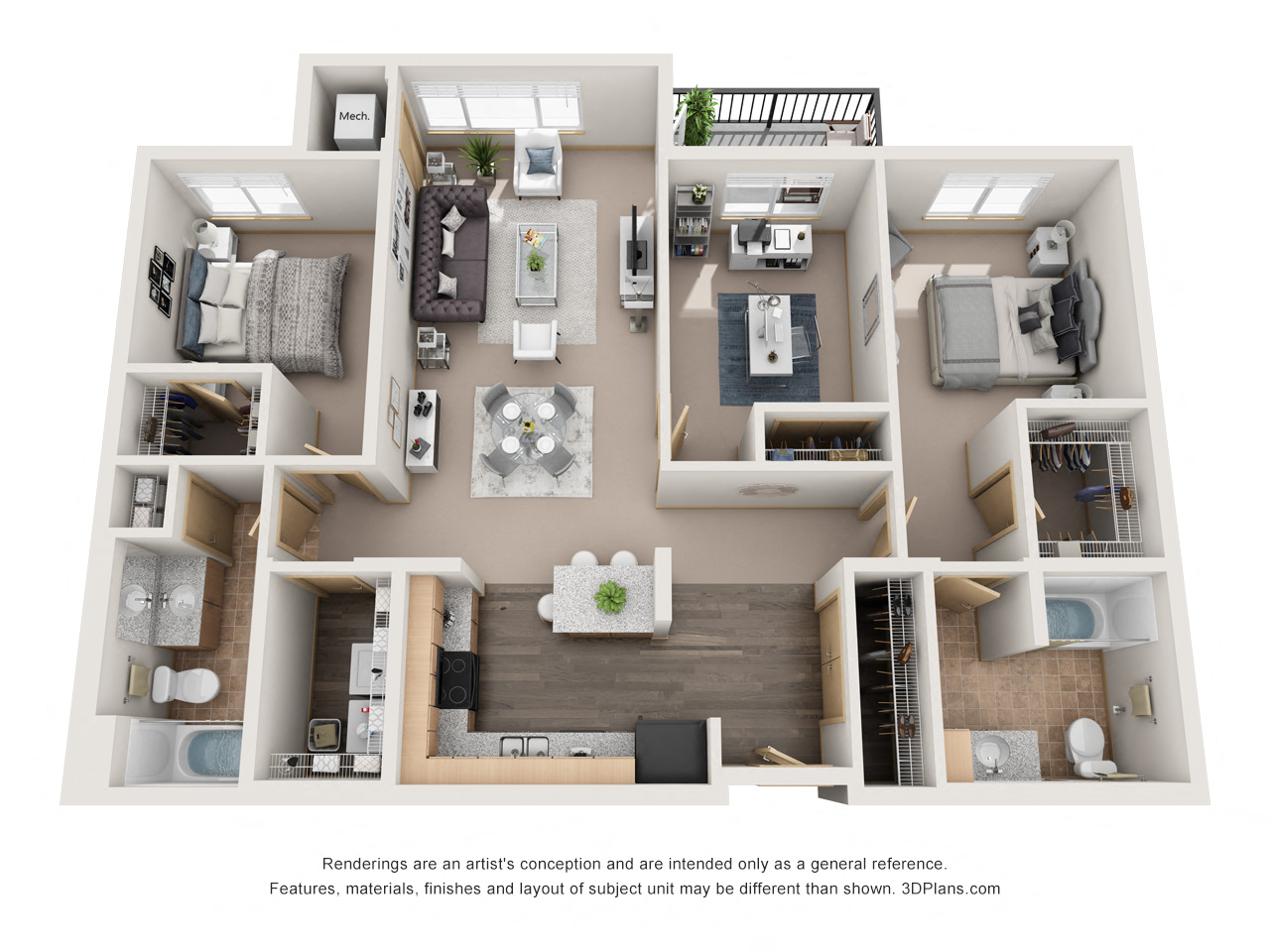Floor plan for 2 beds, 2 baths, 1220 sqft