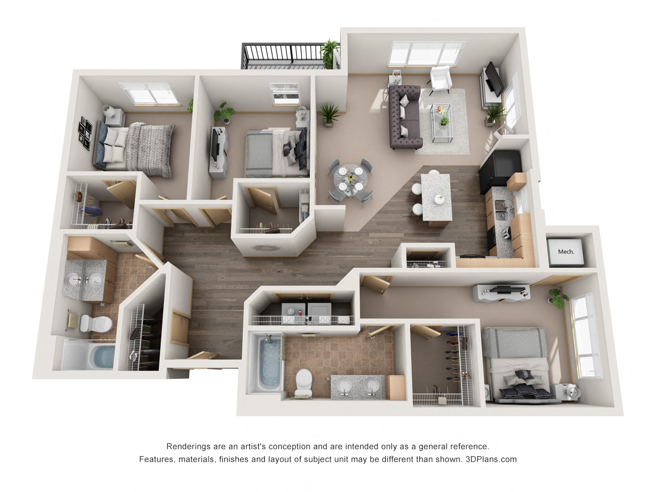 Floor plan for 3 beds, 2 baths, 1318 sqft