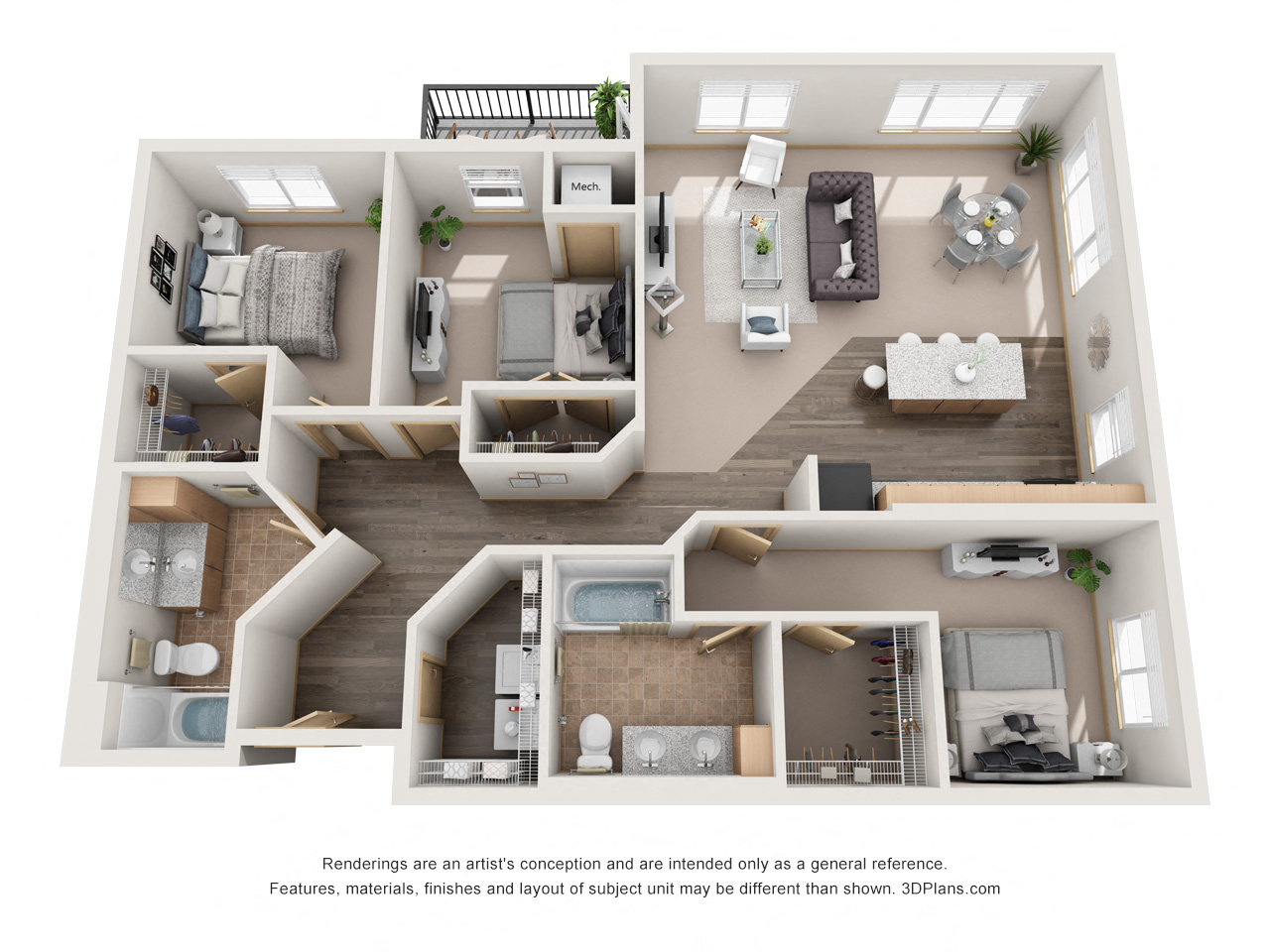 Floor plan for 3 beds, 2 baths, 1332 sqft
