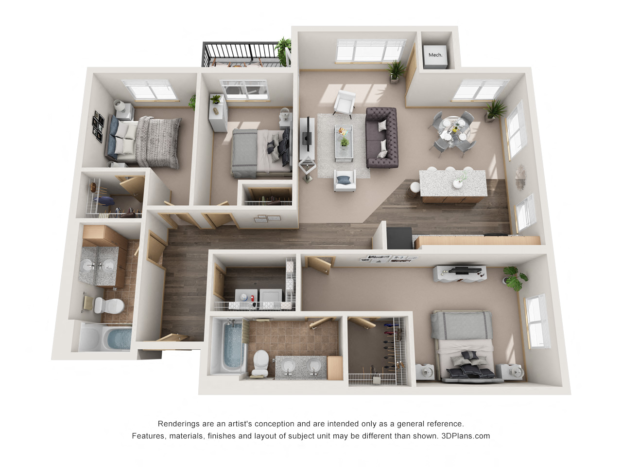 Floor plan for 3 beds, 2 baths, 1298 sqft