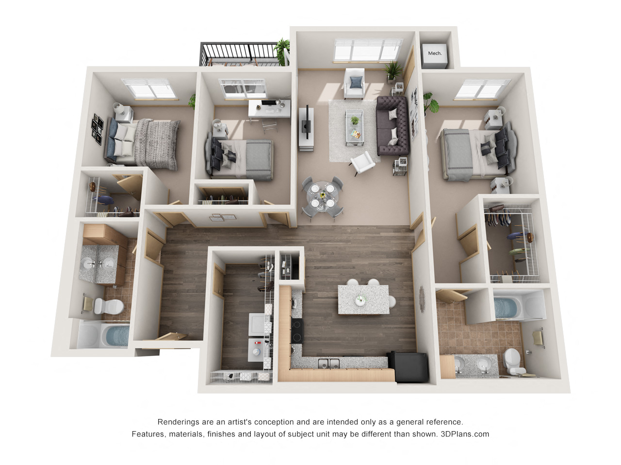Floor plan for 3 beds, 2 baths, 1295 sqft