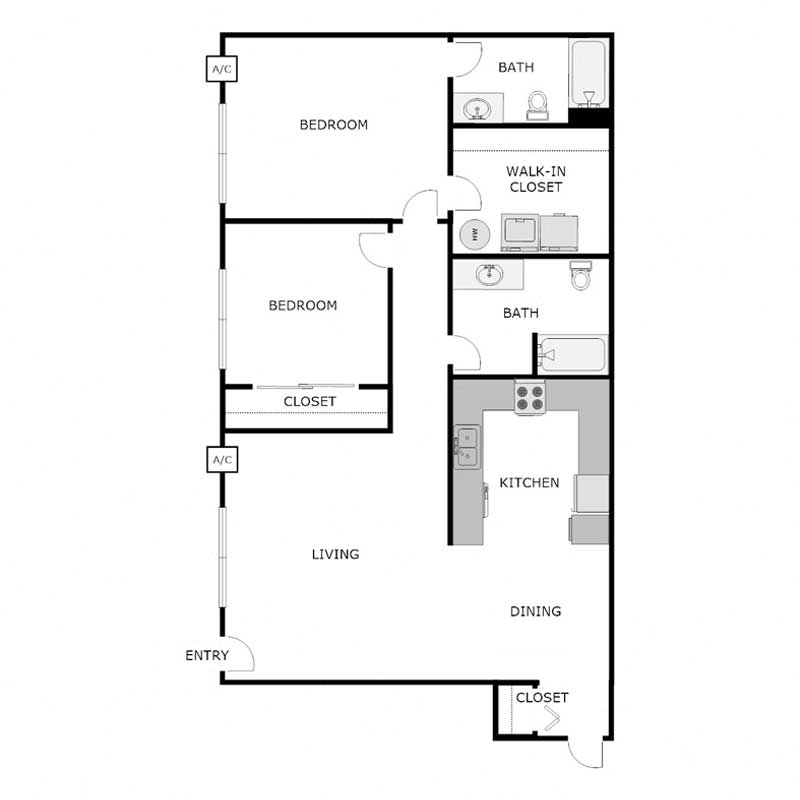 Floor plan for 2 beds, 2 baths, 1067 sqft