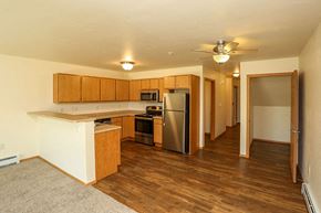 Kiel apartment for rent - a kitchen with wooden cabinets and a stainless steel refrigerator