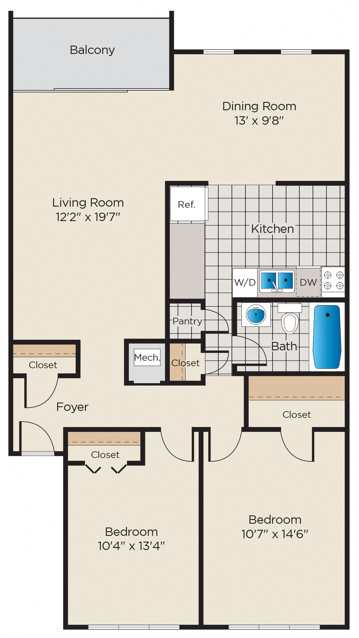 Floor plan for 2 beds, 1 bath, 1160 sqft