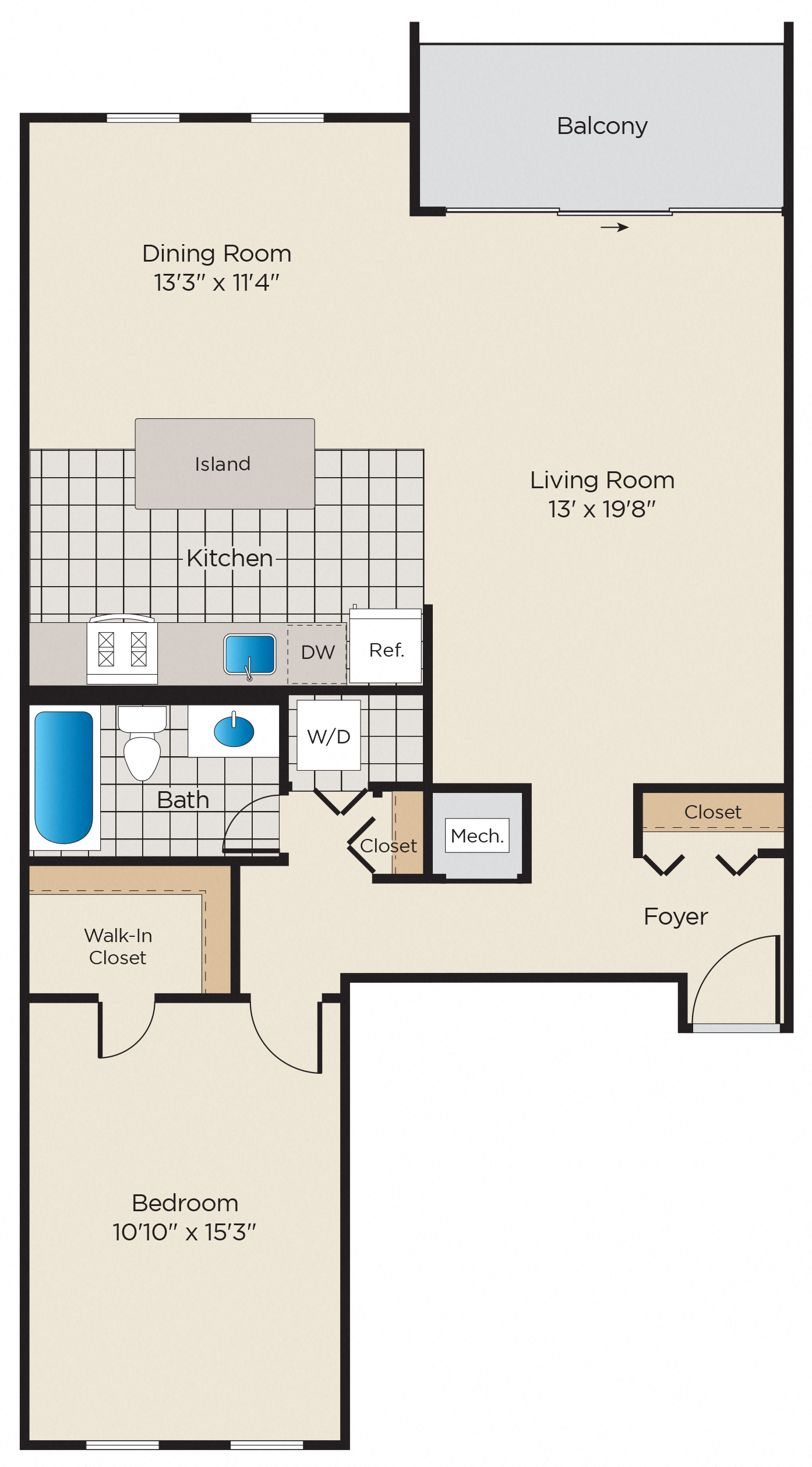 Floor plan for 1 bed, 1 bath, 960 sqft