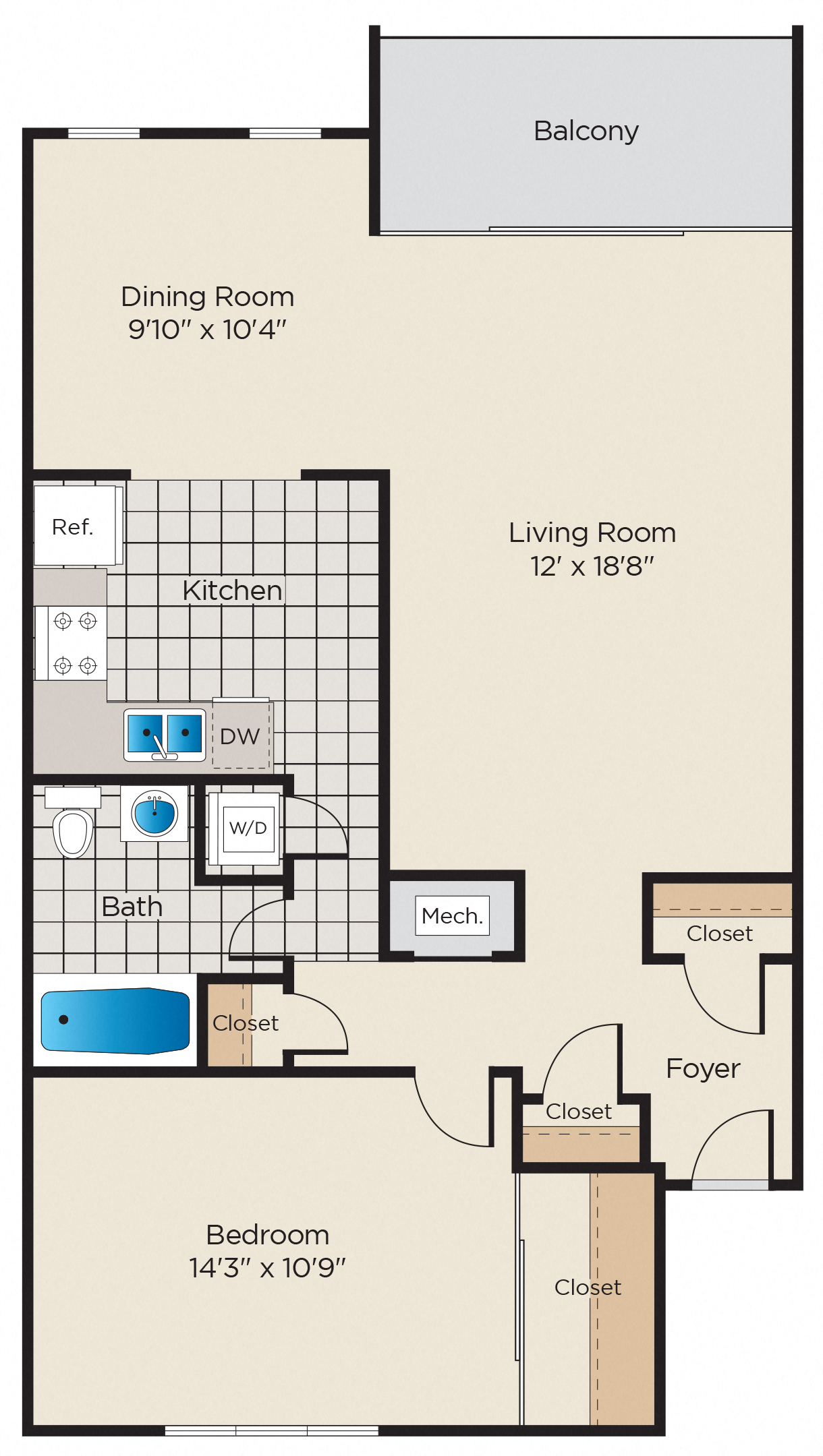Floor plan for 1 bed, 1 bath, 960 sqft