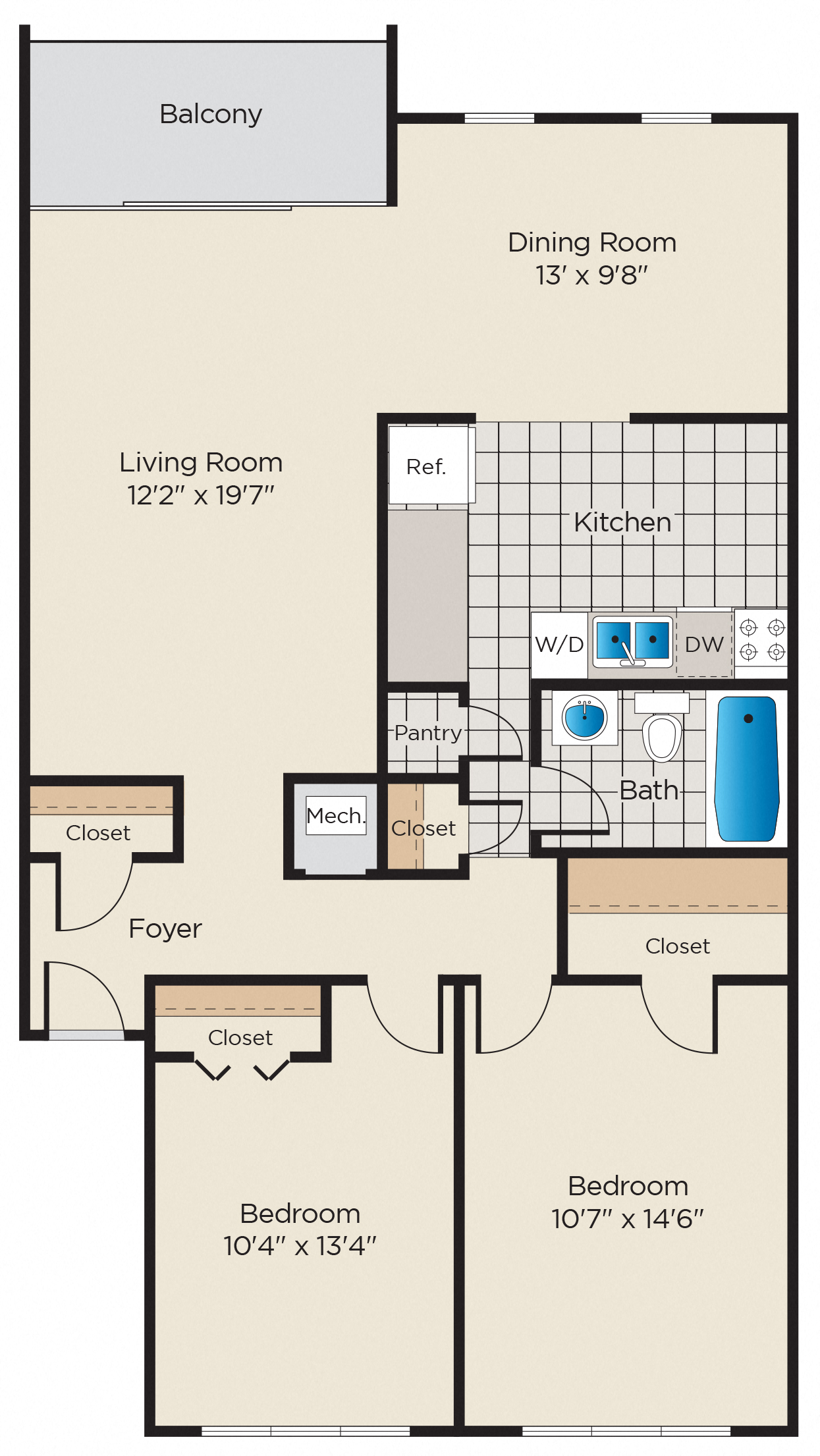 Floor plan for 2 beds, 1 bath, 1160 sqft