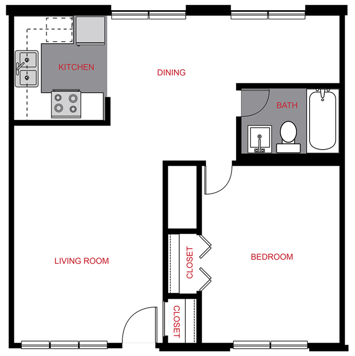 Floor plan for 1 bed, 1 bath, 635 sqft