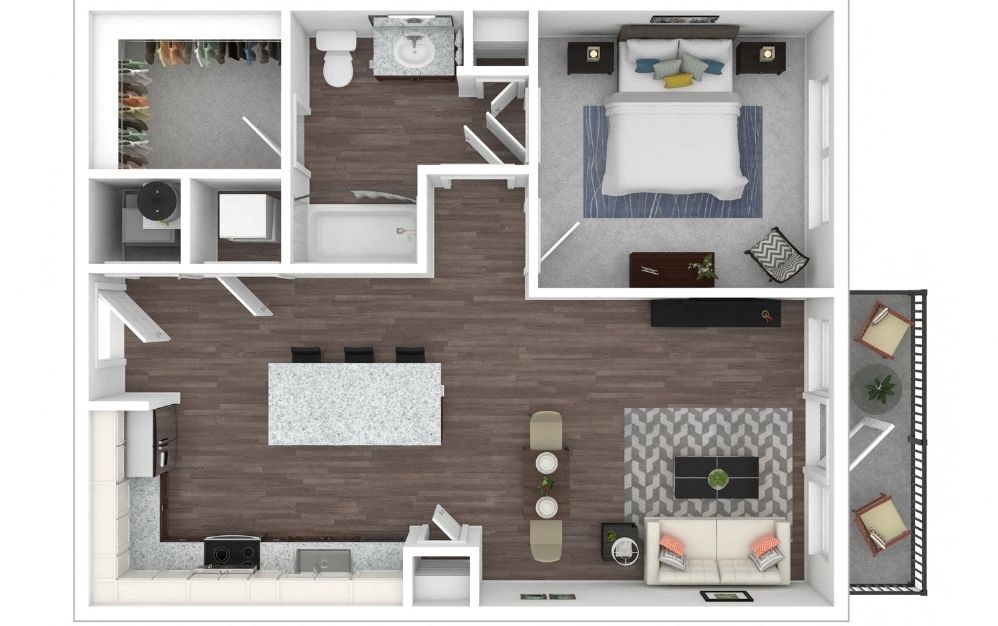 Floor plan for 1 bed, 1 bath, 722 sqft