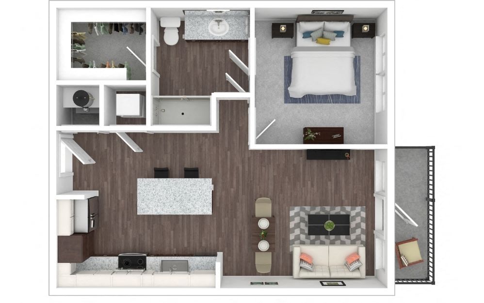 Floor plan for 1 bed, 1 bath, 782 sqft