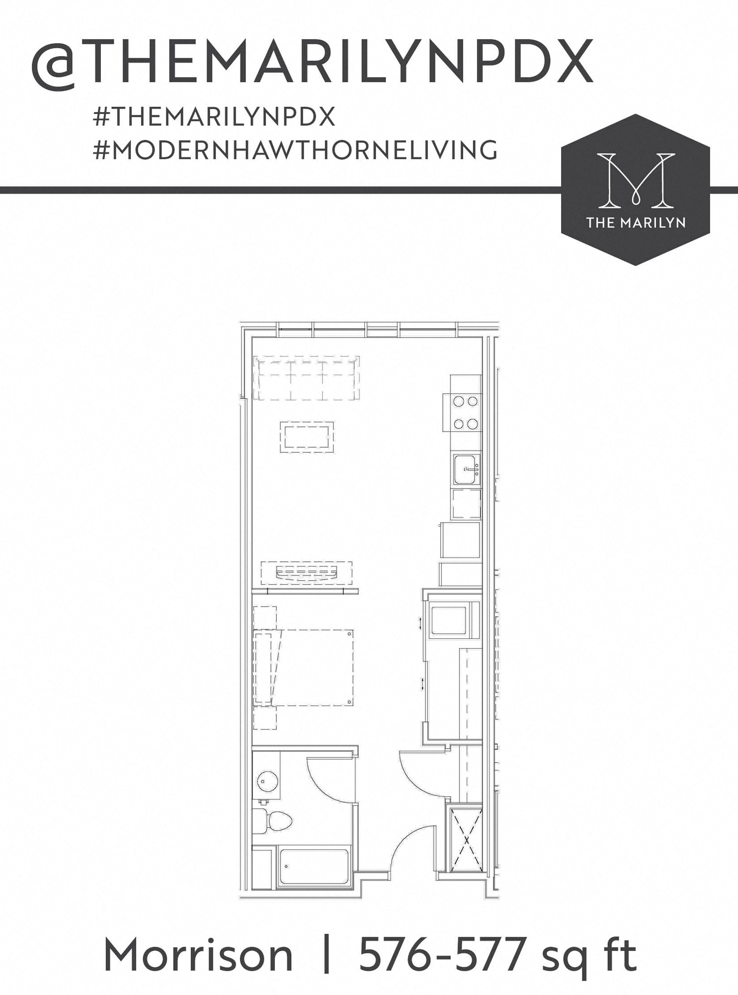 Floor plan for 1 bed, 1 bath, 576 sqft